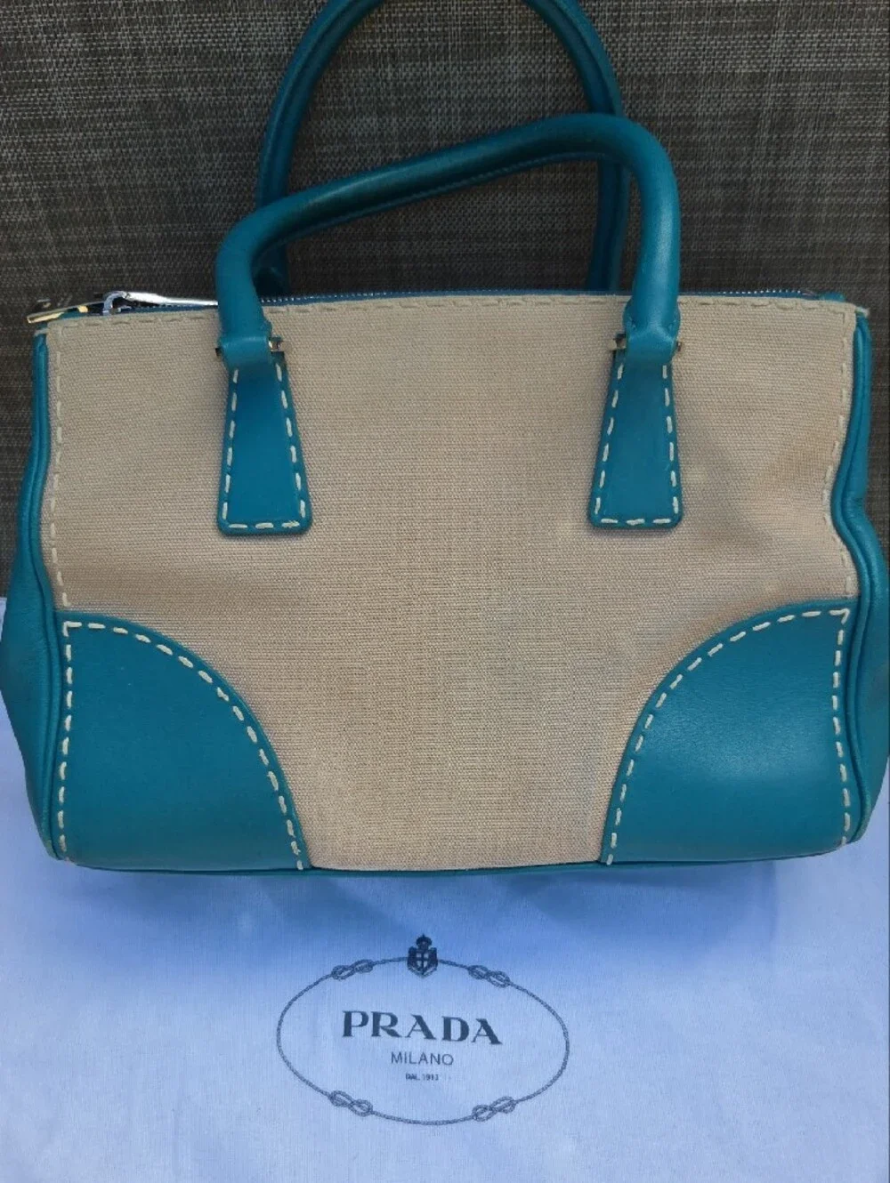 Prada Beige and Teal Top-Handle Tote